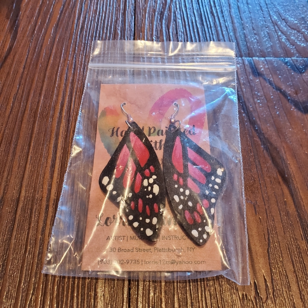 Butterfly Wings Wooden Earrings Dangle Boho Pink Hand Painted Wood Preppy New
